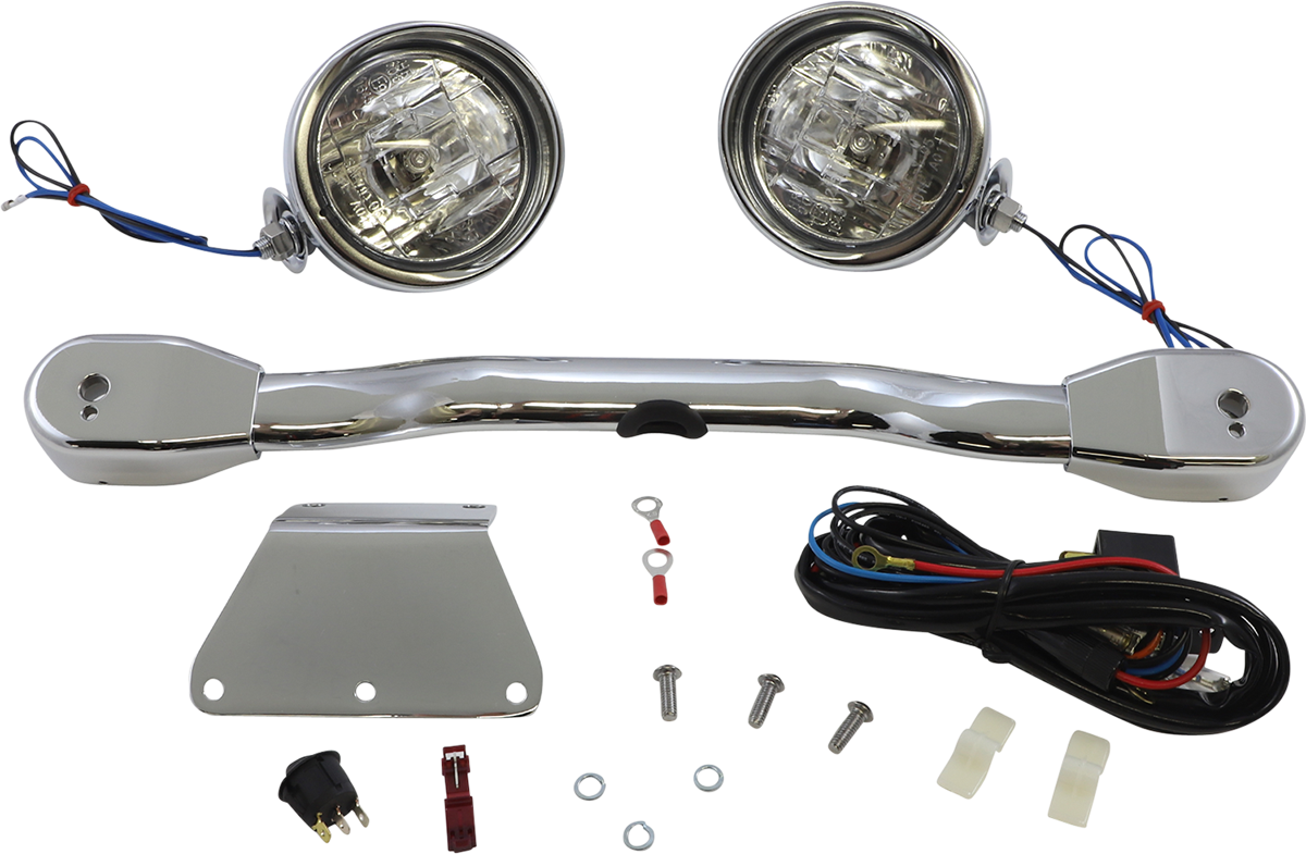 Bill's Exhausts SHOW CHROME driving light kit for XVS1300 motorcycle, engine-mounted lights with chrome finish, mounted on the engine area.