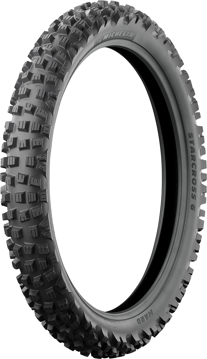 Michelin StarCross 6 Hard front motorcycle tire 90/100-21 mounted on rim with tread pattern visible