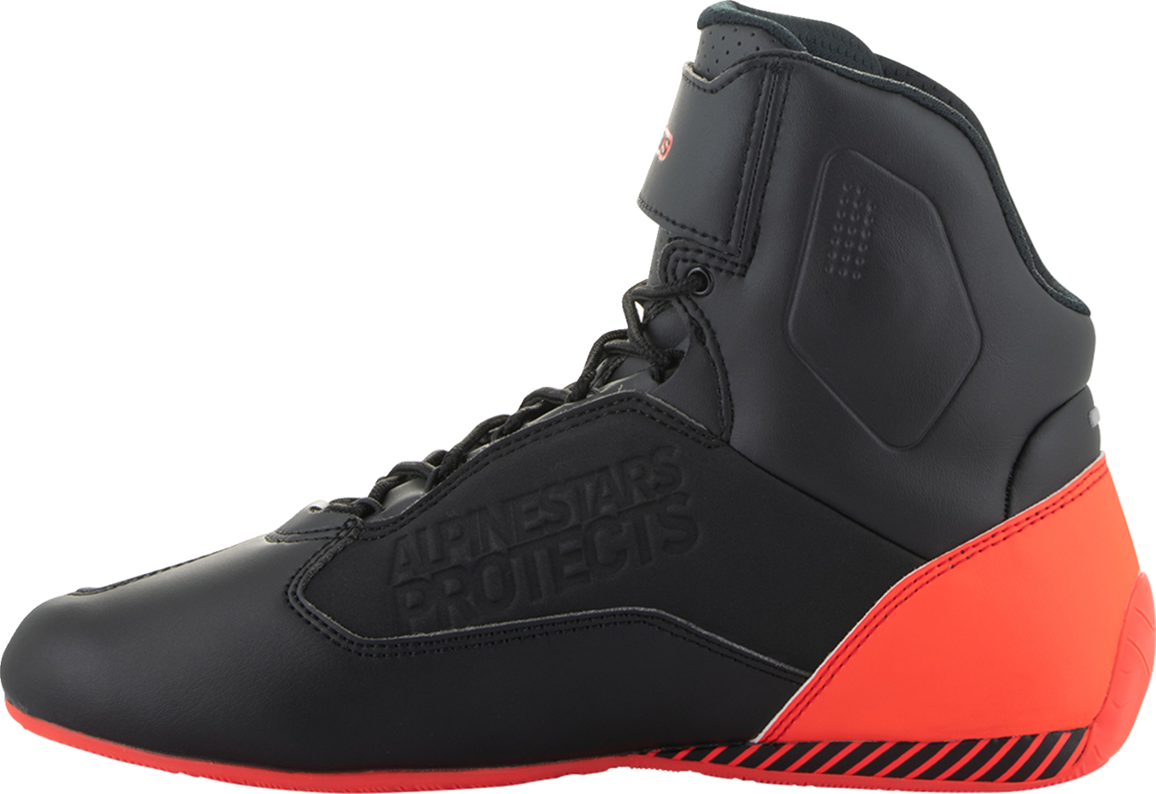 Alpinestars Faster-3 motorcycle shoes in black, gray, and red with US size 10, featuring durable design and sport-inspired style.