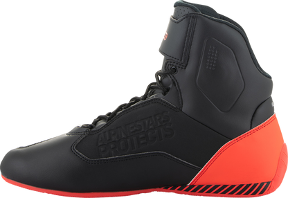 Alpinestars Faster-3 motorcycle shoes in black, gray, and red with US size 10, featuring durable design and sport-inspired style.