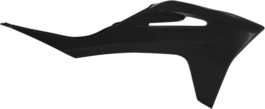 Black ACERBIS radiator shroud for motorcycle body, designed for optimal cooling and protection, featuring a sleek black finish.