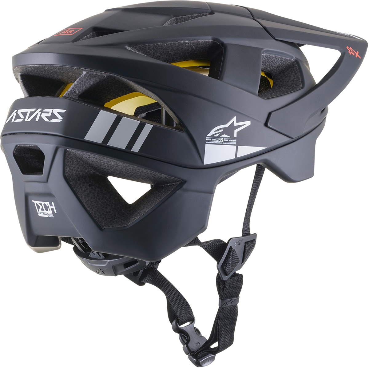 Alpinestars Vector Tech bicycle helmet in black and light gray matte with MIPS® padding, medium size, side and top view.