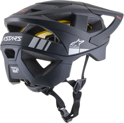 Alpinestars Vector Tech bicycle helmet in black and light gray matte with MIPS® padding, medium size, side and top view.