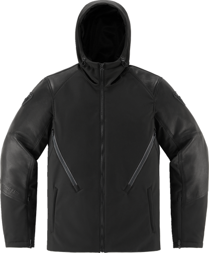Black ICON Basehawk2 jacket by Bill's Exhausts, small size, shown hanging with front view and zipper details.