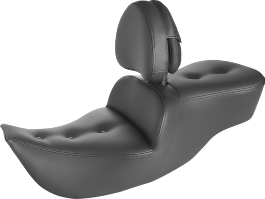 Black Saddlemens Pillow-Top Roadsofa Seat with backrest for FLH 1999-2007, designed for comfortable motorcycle seating.