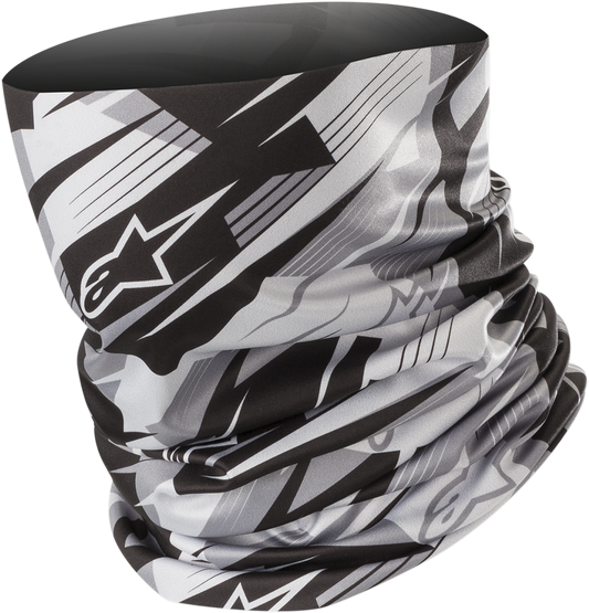 Black and light gray Alpinestars neck tube in a blurred design, featuring soft fabric and seamless construction.