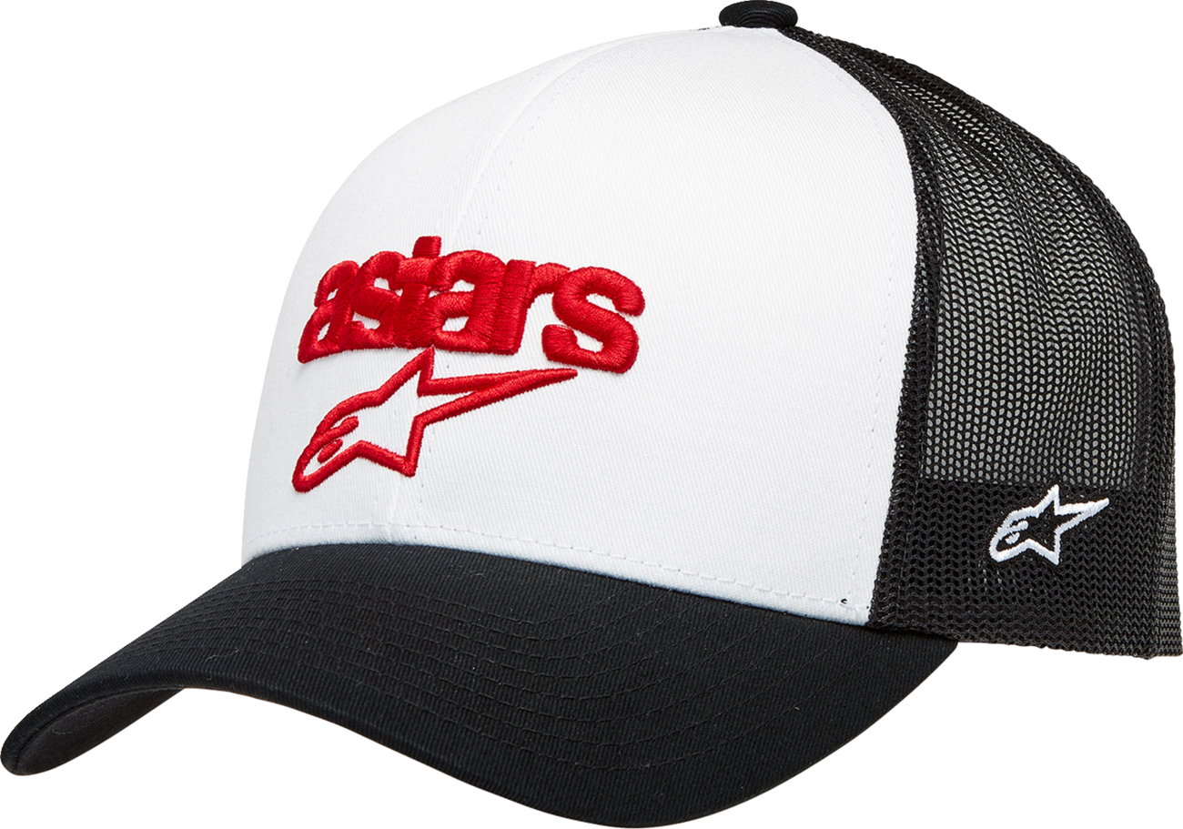 White and black ALPINESTARS Pedigree hat with bill, one size, featuring stitched branding and comfortable fabric.