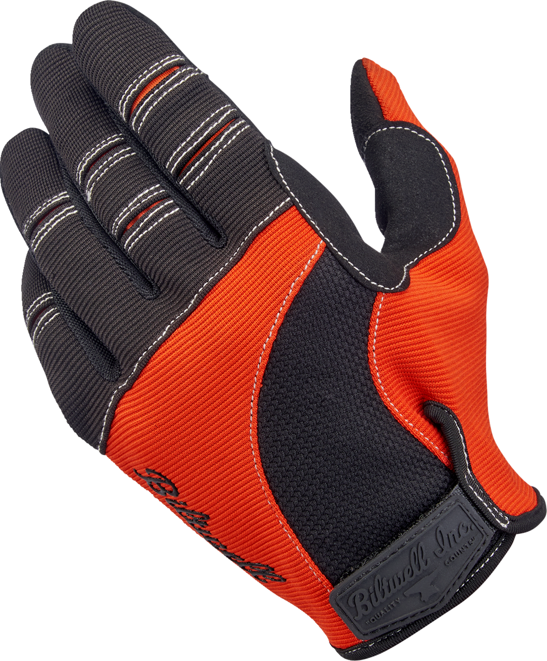 Bill's Exhausts BILTWell Moto Gloves in orange and black, small size, with protective knuckles and adjustable wrist strap.