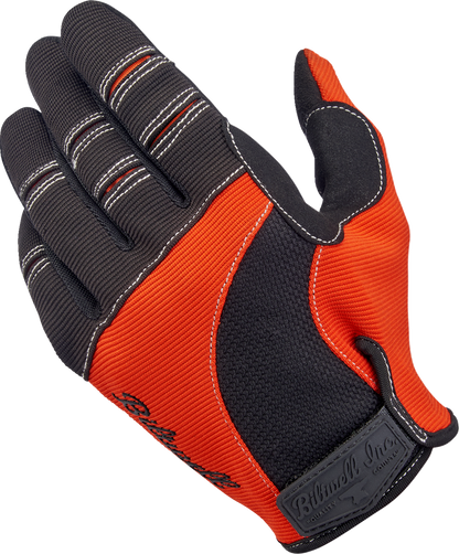 Bill's Exhausts BILTWell Moto Gloves in orange and black, small size, with protective knuckles and adjustable wrist strap.