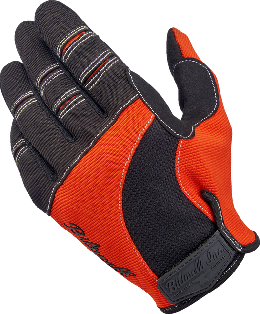 Bill's Exhausts BILTWELL Moto gloves in orange and black, large size, with protective padding and textured grip for motorcycle riding.