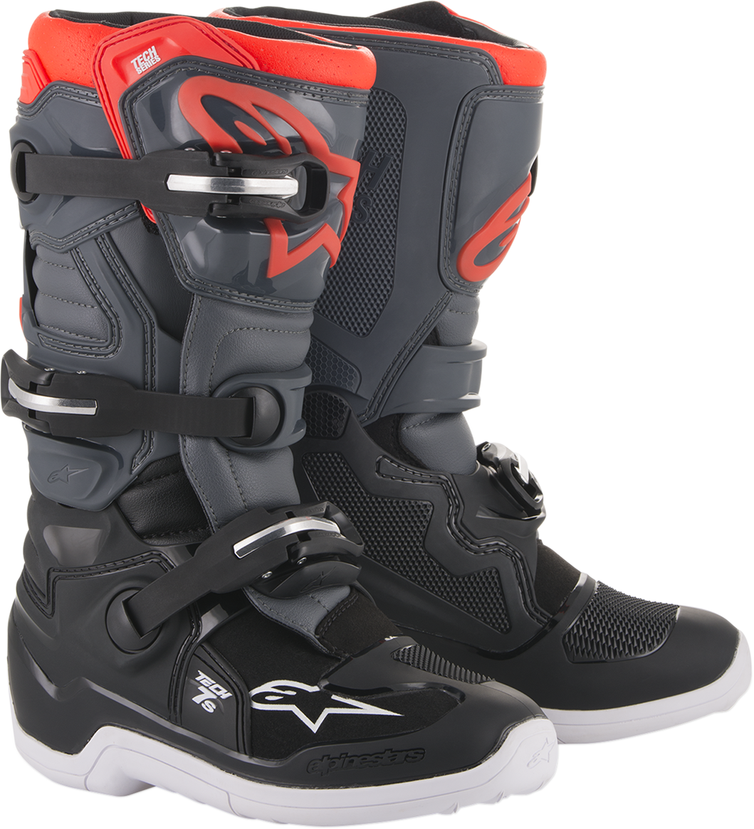 Alpinestars Youth Tech 7S motorcycle boots in black and gray, size US 5, featuring protective design and sturdy construction.
