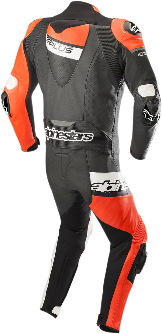 Black, red fluorescent, and white leather racing suit by Alpinestars GP Plus Venom, US 48 / EU 58, displayed on a mannequin.