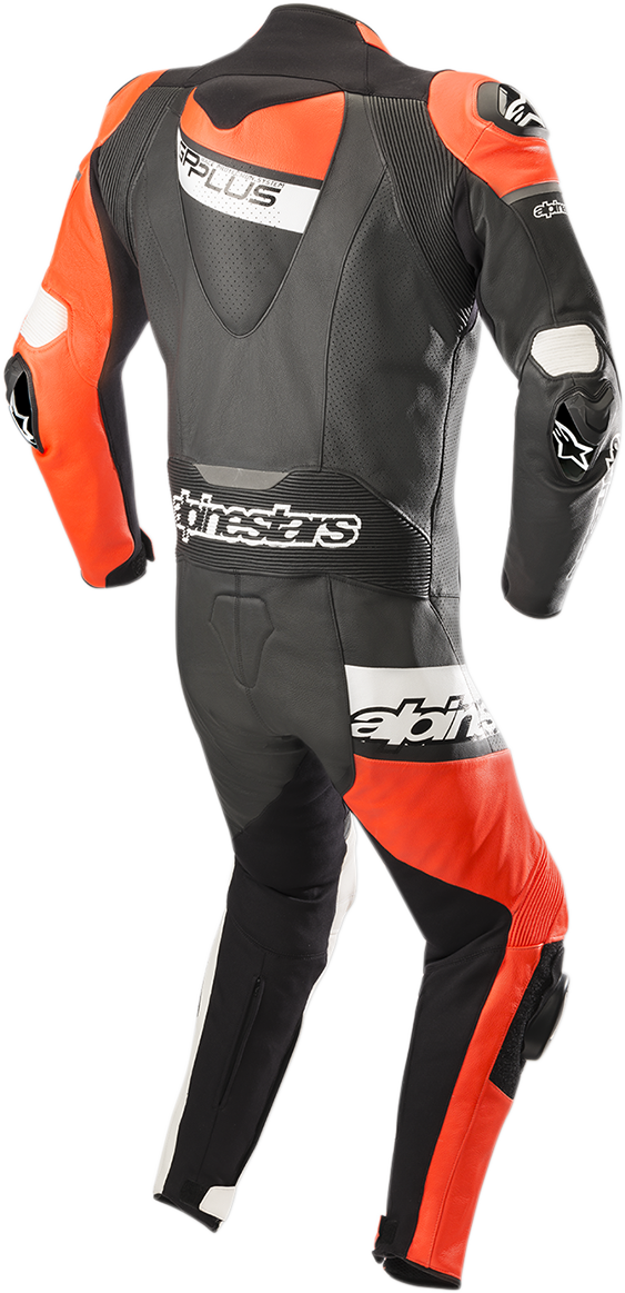 Alpinestars GP Plus Venom black, red fluorescent, and white leather racing suit with US 46/EU 56 size, displayed on a mannequin.