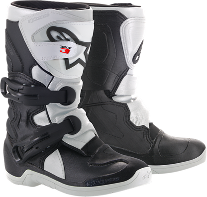 Black and white Alpinestars Youth Tech 3S motorcycle boots, US 11, with protective design and sturdy sole.
