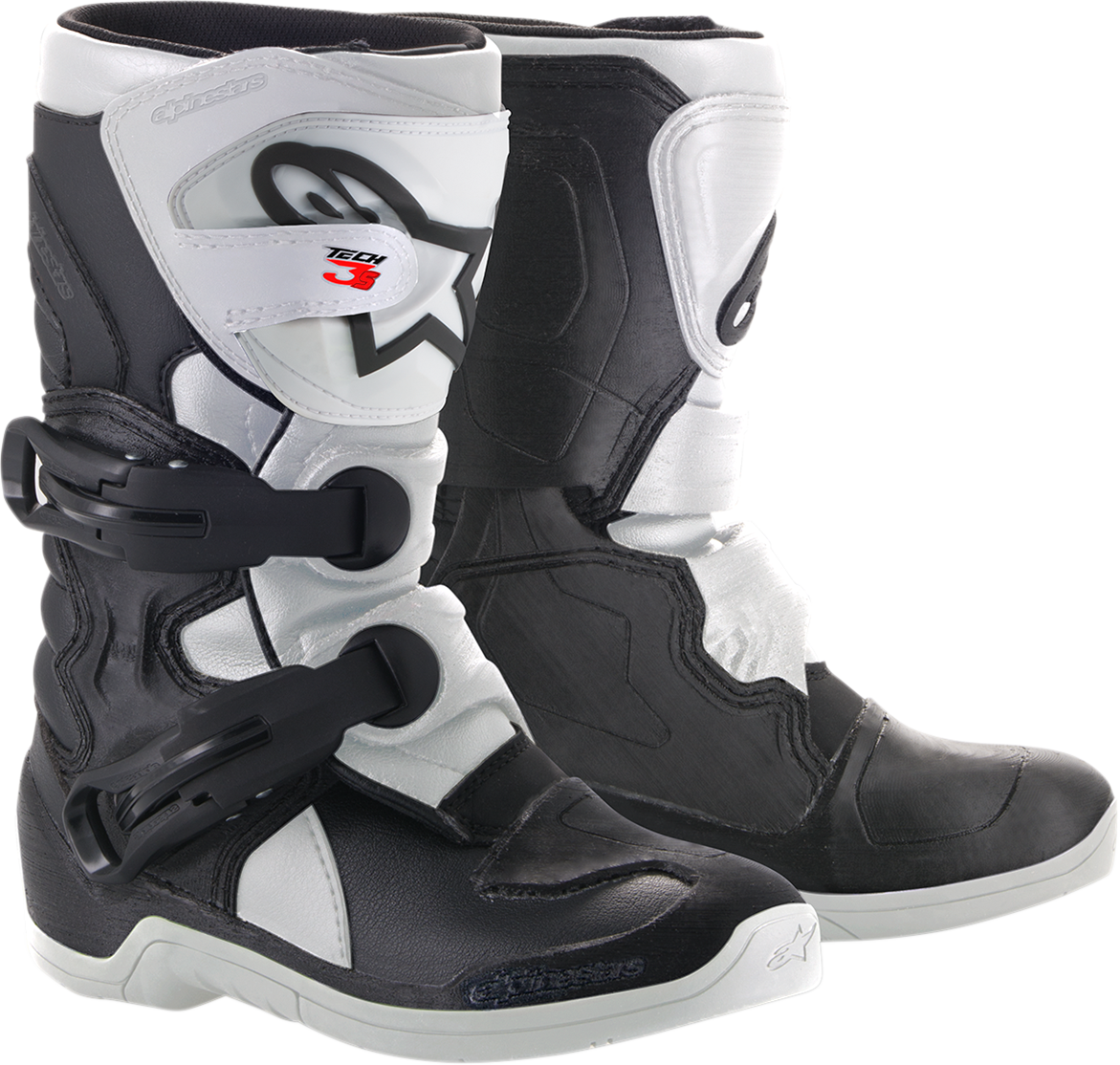 Black and white Alpinestars Youth Tech 3S motorcycle boots for kids, US size 1, with sturdy design and protective features.