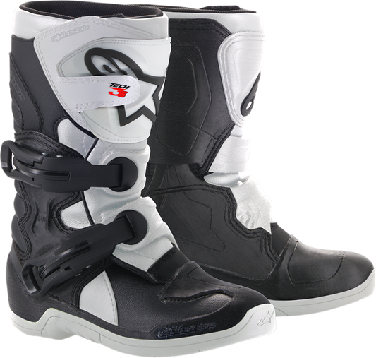 Black and white Alpinestars Youth Tech 3S motorcycle boots for kids, US size 1, with sturdy design and protective features.