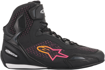 Alpinestars Stella Faster-3 Rideknit shoes in black, yellow, and pink, US size 11.5, featuring a sleek, sporty design.
