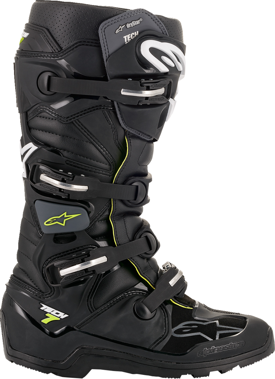 Alpinestars Tech 7 Enduro Drystar® motorcycle boots in black with US size 8, featuring durable construction and ankle protection.