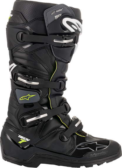 Alpinestars Tech 7 Enduro Drystar® motorcycle boots in black with US size 8, featuring durable construction and ankle protection.