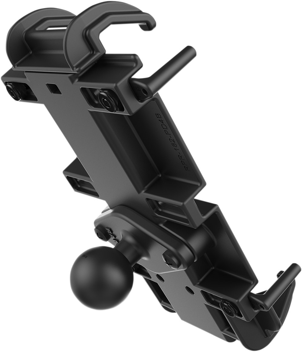 RAM MOUNTS XL Phone Holder by Bill's Exhausts, quick grip engine mount with ball joint, shown attached to vehicle engine.
