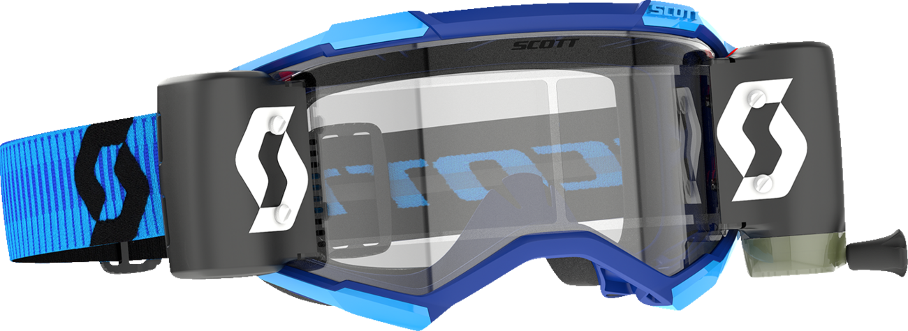Scott Fury WFS motocross goggles in blue and black with clear lenses, featuring a secure strap and durable frame.