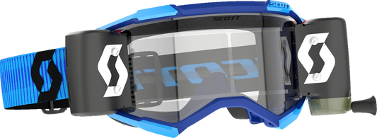Scott Fury WFS motocross goggles in blue and black with clear lenses, featuring a secure strap and durable frame.