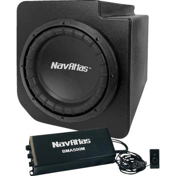 Bill's Exhausts 10-inch NAVATLAS under seat subwoofer installed in Polaris Ranger 2022-2023, showing the subwoofer and mounting details.