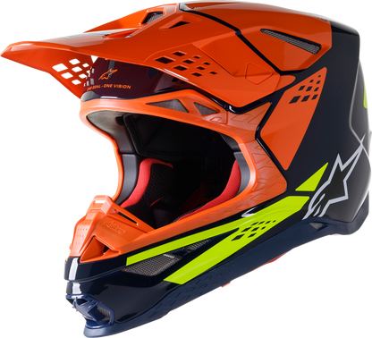 Alpinestars Supertech M8 motorcycle helmet in blue, orange, and yellow with a sleek design, medium size, shown from the front.