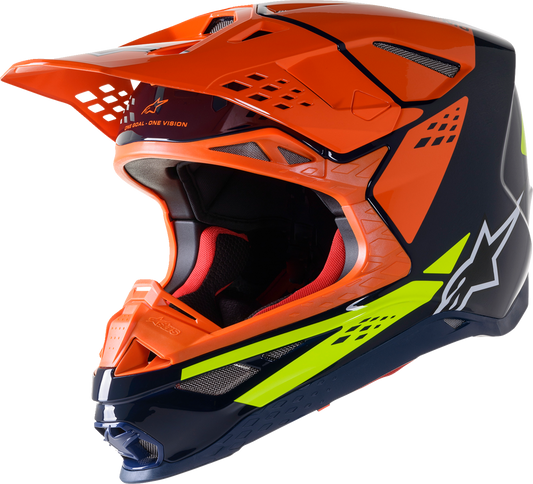 Alpinestars Supertech M8 motorcycle helmet in blue, orange, and yellow with a sleek design, medium size, shown from the front.