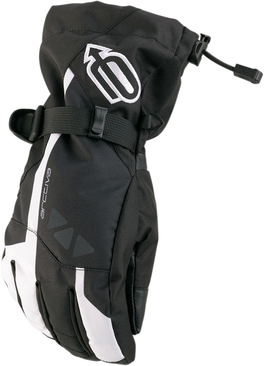 Black and white ARCTIVA Women's Pivot Gloves by Bill's Exhausts, medium size, with padded palms and adjustable wrist straps.