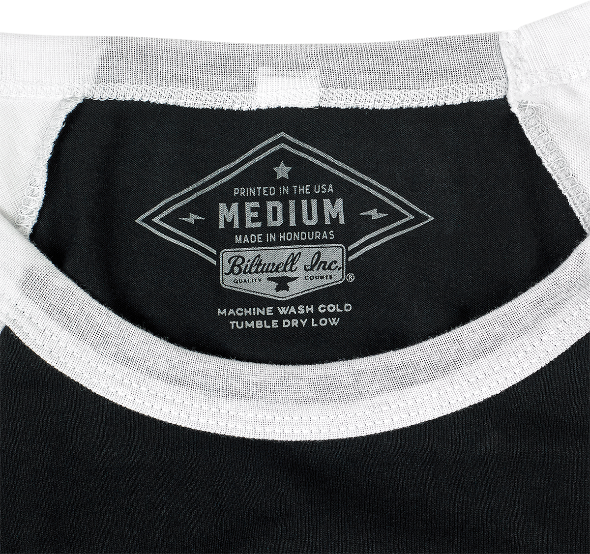 Bill's Exhausts Women's 1985 Raglan T-Shirt in black and white, medium size, with a classic sporty design and contrasting sleeves.