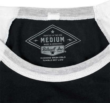 Bill's Exhausts Women's 1985 Raglan T-Shirt in black and white, medium size, with a classic sporty design and contrasting sleeves.