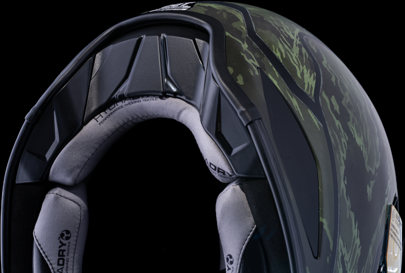 Bill's Exhausts ICON Domain™ helmet in Tiger's Blood green, medium size, featuring a sleek motorcycle helmet design.