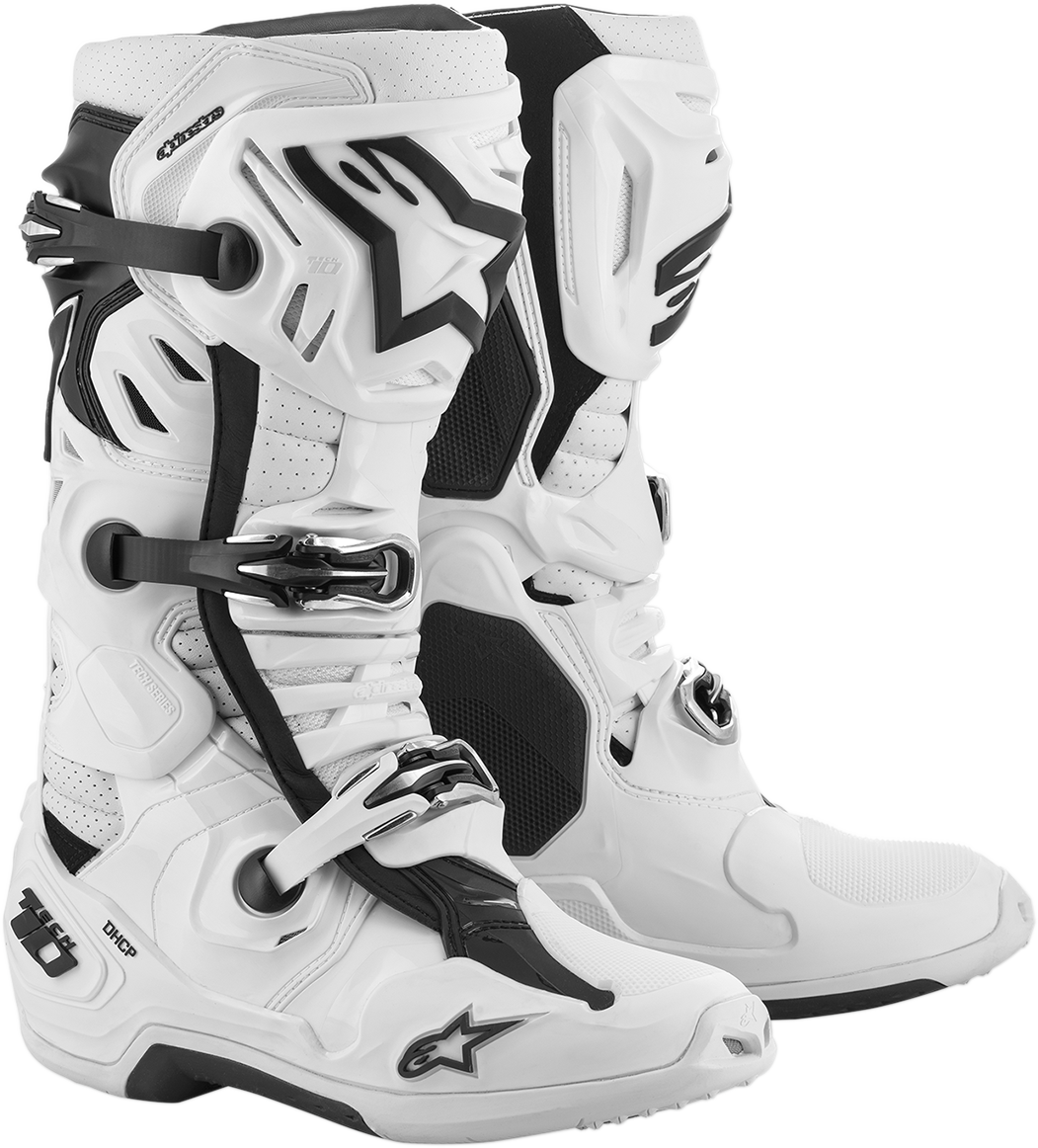 Alpinestars Tech 10 Supervented motorcycle boots in white with black accents, US size 14, featuring protective design and ventilation.