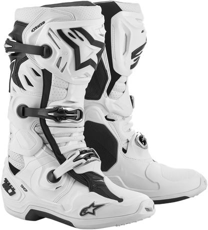 Alpinestars Tech 10 Supervented motorcycle boots in white with black accents, US size 14, featuring protective design and ventilation.