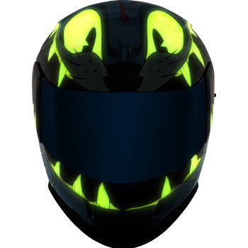 Blue ICON Airform™ Helmet in medium size with 9 Lives design, featuring a sleek aerodynamic helmet for motorcycle riding.
