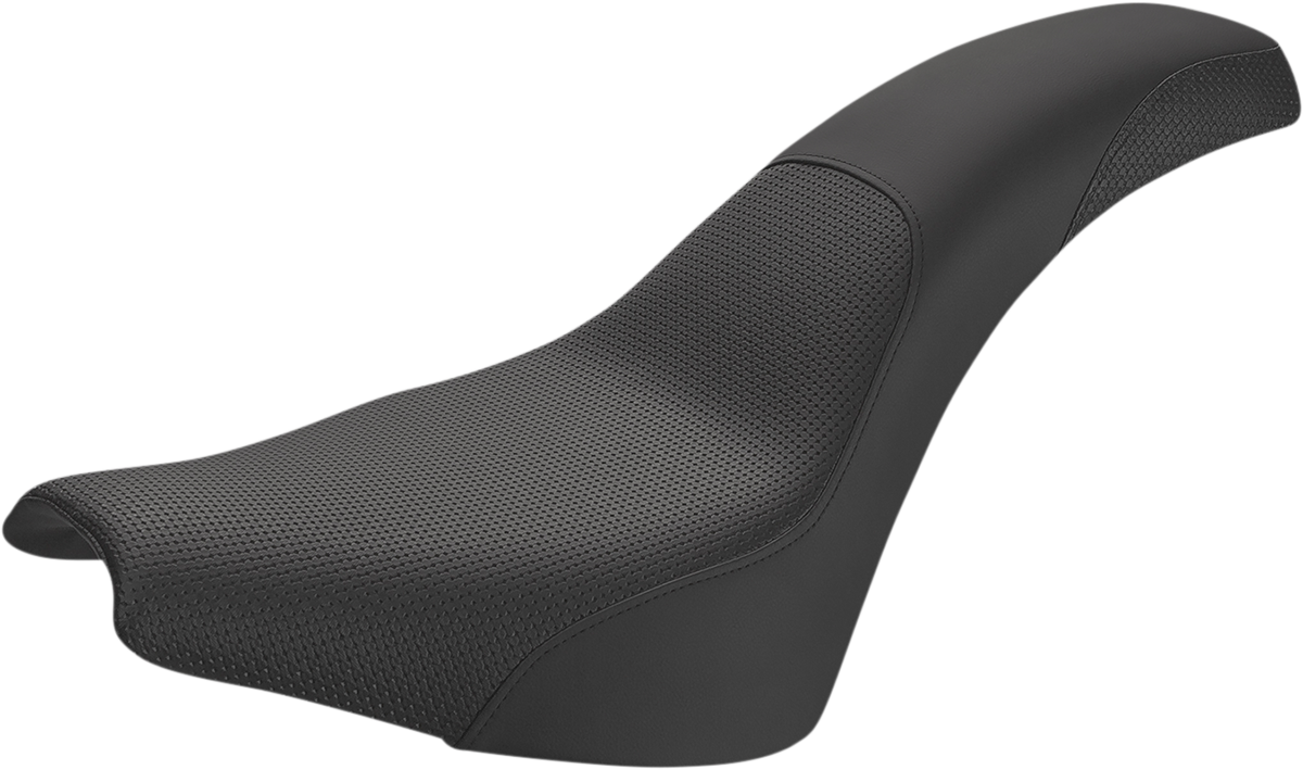 Black SADDLEMEN Profiler Basket-weave motorcycle seat for Softail bikes, featuring durable leather and detailed stitching.