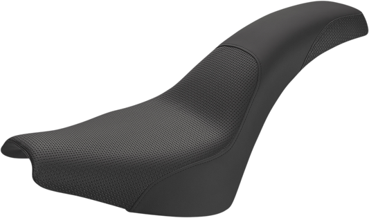 Black SADDLEMEN Profiler Basket-weave motorcycle seat for Softail bikes, featuring durable leather and detailed stitching.