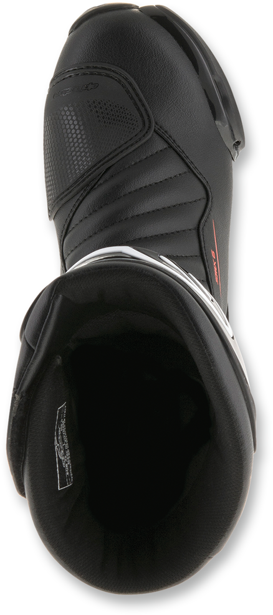 Alpinestars SMX-6 v2 Drystar motorcycle boots in black and red, US 12.5 / EU 48, showing front view and protective design features.