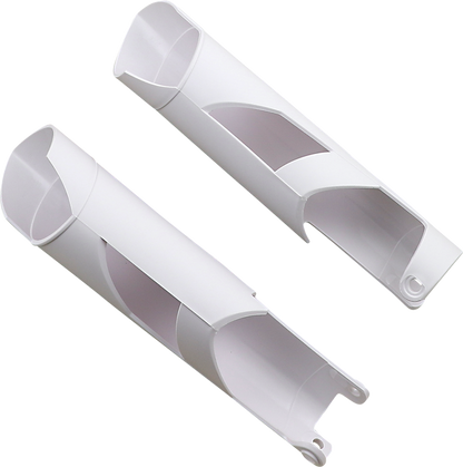White Acerbis lower fork covers for inverted forks on 2015 KTM SX, SXF, XC motorcycles, designed for improved fork protection.
