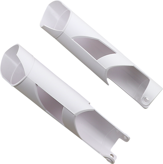 White Acerbis lower fork covers for inverted forks on 2015 KTM SX, SXF, XC motorcycles, designed for improved fork protection.