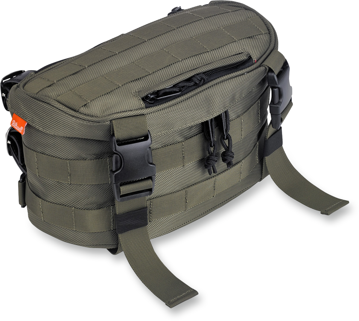 Green BILT WELL Exfil-7 motorcycle bag with multiple compartments and adjustable straps, designed for durable motorcycle storage.