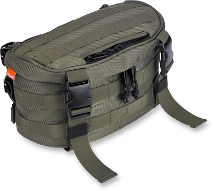 Green BILT WELL Exfil-7 motorcycle bag with multiple compartments and adjustable straps, designed for durable motorcycle storage.