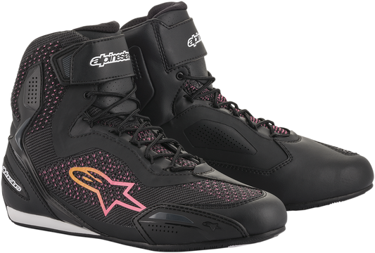 Alpinestars Stella Faster-3 Rideknit shoes in black, yellow, and pink, US 8.5, featuring breathable rideknit material and sporty design