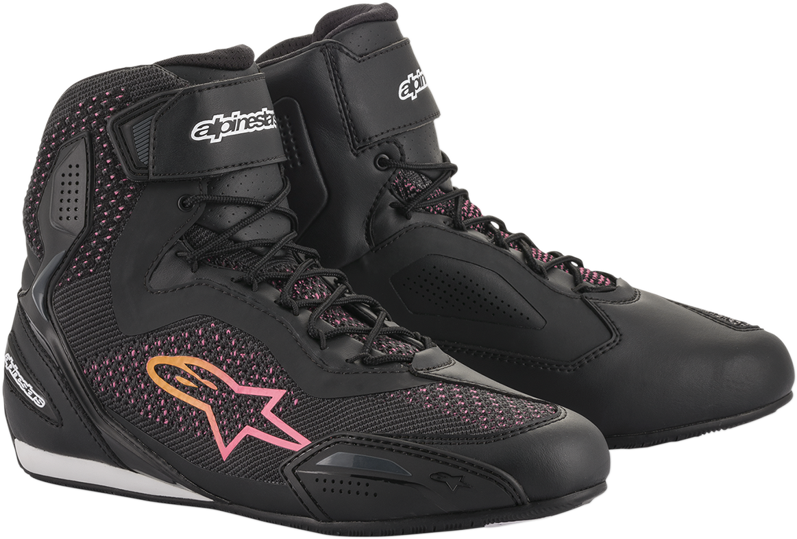 Alpinestars Stella Faster-3 Rideknit shoes in black, yellow, and pink with US 11.5 size, showing side and top view.