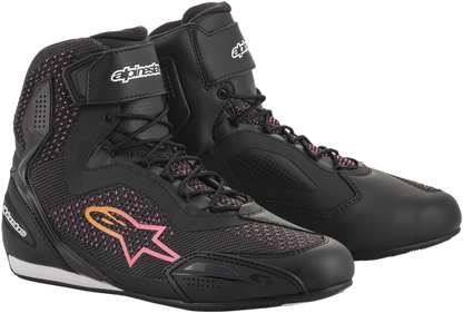 Alpinestars Stella Faster-3 Rideknit shoes in black, yellow, and pink with US 11.5 size, showing side and top view.