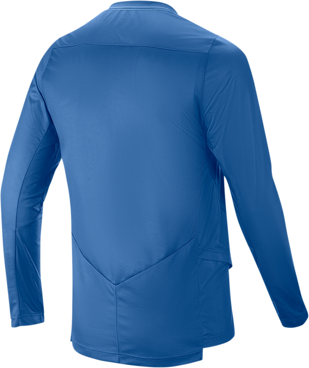 Alpinestars Drop 6.0 Long-Sleeve Jersey in blue, small size, featuring lightweight fabric and athletic design for motorcycle riding.