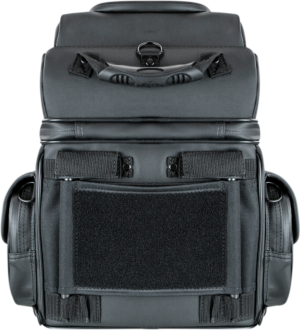 Black SADDLEMEN BR1800D Sissy Bar Bag on motorcycle seat, featuring durable storage design and adjustable straps.