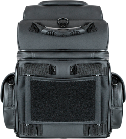 Black SADDLEMEN BR1800D Sissy Bar Bag on motorcycle seat, featuring durable storage design and adjustable straps.