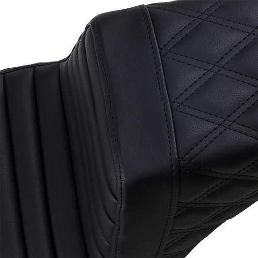 Bill's Exhausts SADDLEMEN Step-Up Seat with tuck-n-roll front and lattice stitch rear in black for motorcycle comfort and style.